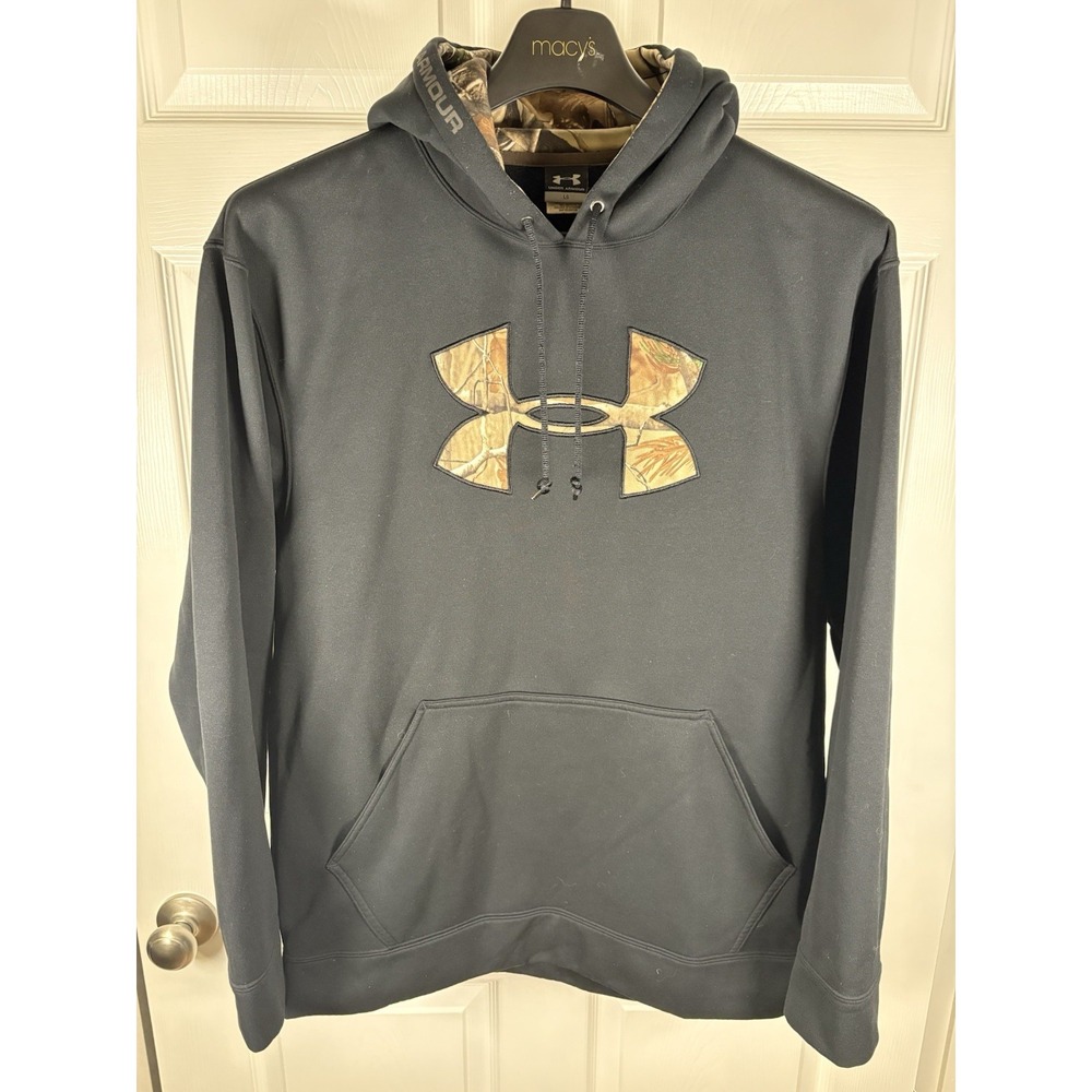 Vintage Under Armour 205006 Hoodie L Black Camo Logo Fleece Pullover